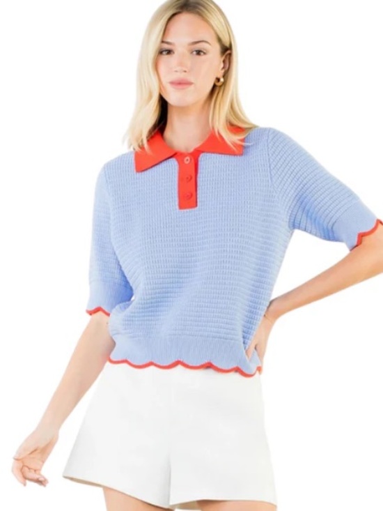 THML Sweaters - THML Light Blue Knit Polo Top with Red Trim Woman Medium